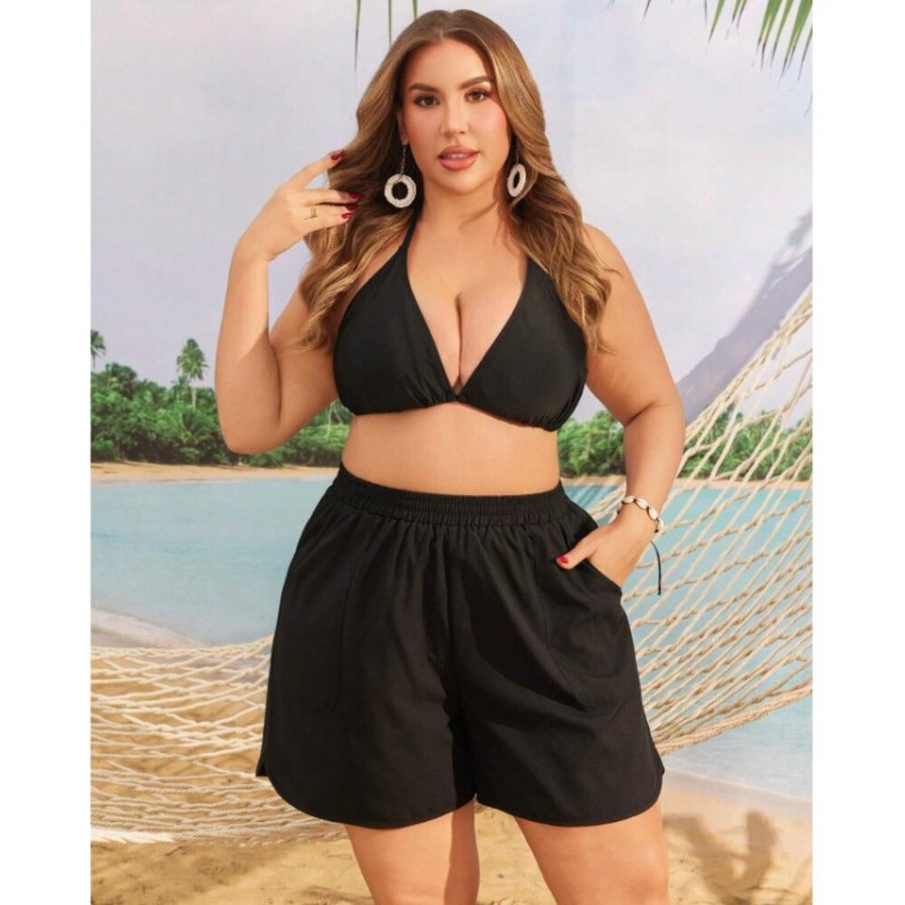 Women's Plus Size Slant Pocket Elastic-Waist Black Swim Shorts Size 3X (18) - Picture 3 of 4